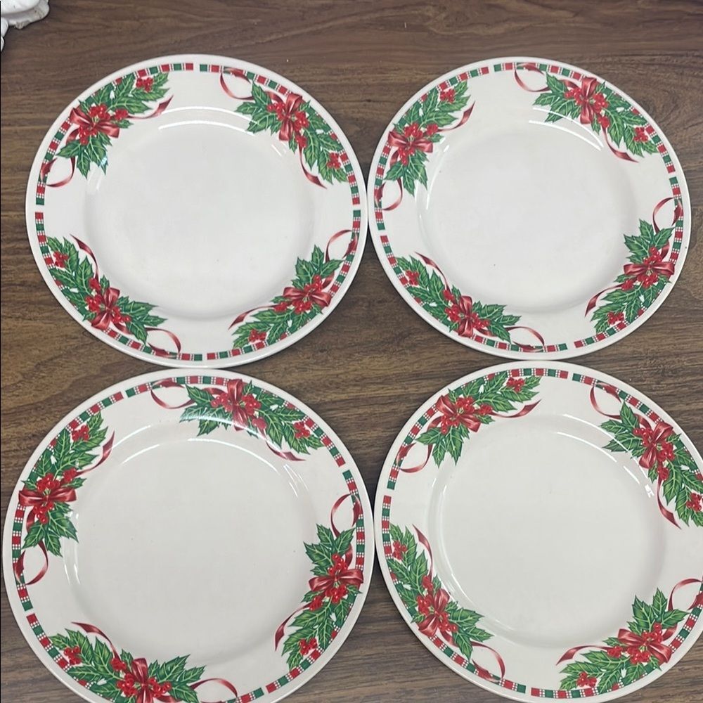 Christmas Holiday Plates Set of‎ 4 Poinsettia Holly Dinnerware Dishwasher Safe